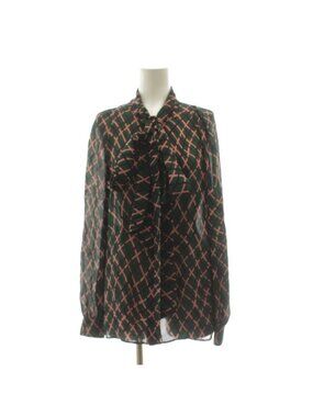Gucci Bow Tie Blouse Shirt Long Sleeve Check Pattern Silk Green Pink Black 36